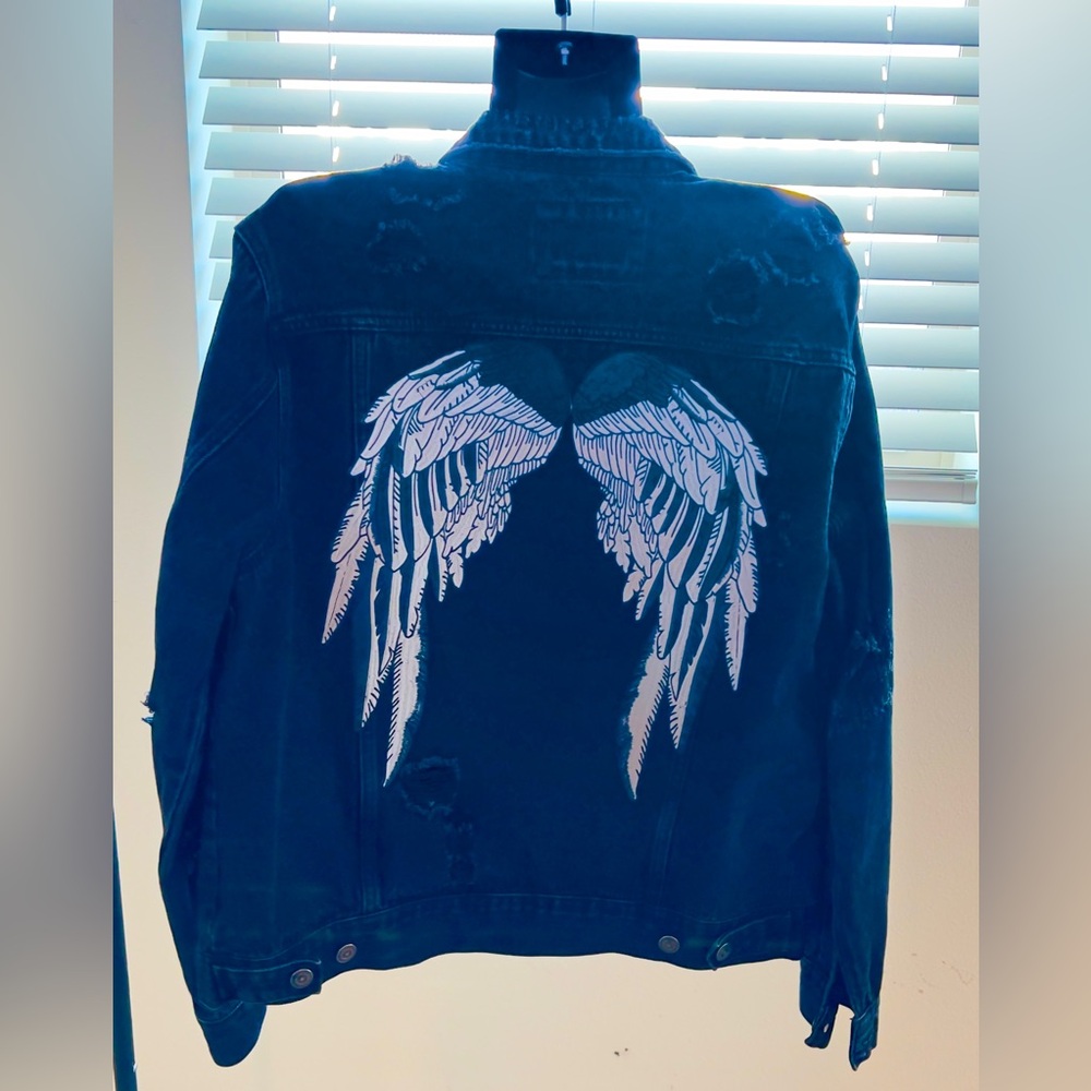 Upcycle Black denim  distressed Jacket angel wings